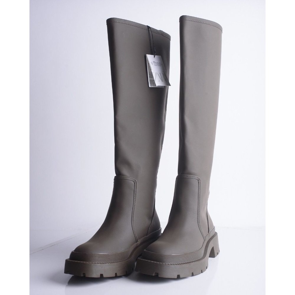 Zara Womens Green Knee High Platform Flat Rubber Rain Boots Sz US 7.5 EU 38 New